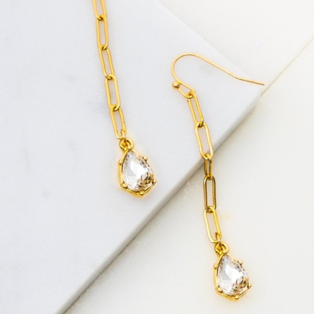 Gold Chain Teardrop Stone Linear Dangle Earrings - Picture 2 of 6